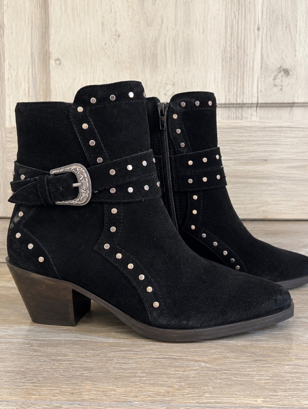 Crown Vintage Black Suede Studded Ankle Boots